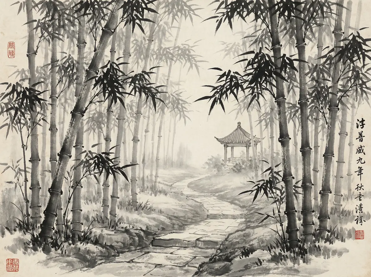 新葡京金沙国际竹林小径水墨画展示宁静禅意