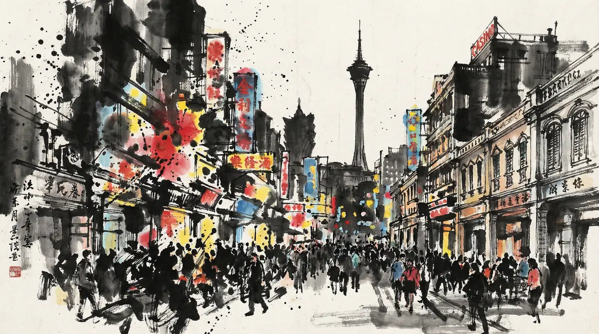 新葡京澳门娱乐城繁华夜景水墨画