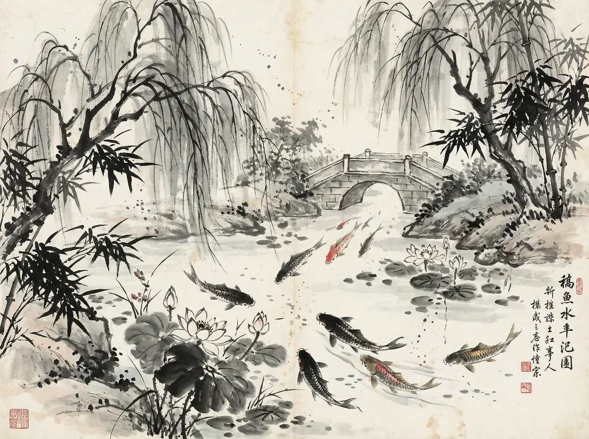 新葡京金沙国际锦鲤池水墨画展示东方园林元素