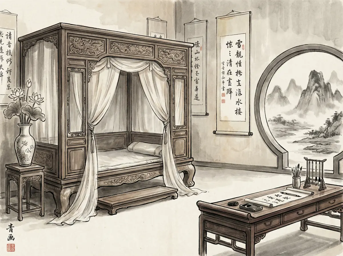 新葡京水墨主题豪华客房内景展示红木家具与书法挂轴