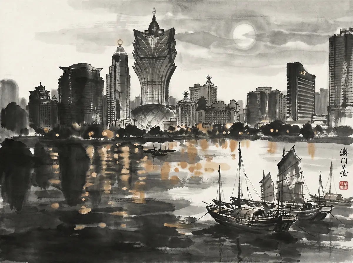 新葡京永利皇宫夜景水墨画展示音乐喷泉与城市天际线